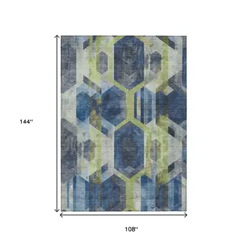 9' X 12' Navy Blue Gold And Silver Geometric Washable Indoor Outdoor Area Rug