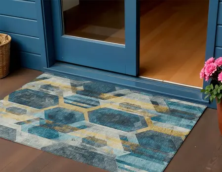 3' X 5' Teal Blue Gold And Silver Geometric Washable Indoor Outdoor Area Rug