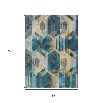 5' X 8' Teal Blue Gold And Silver Geometric Washable Indoor Outdoor Area Rug