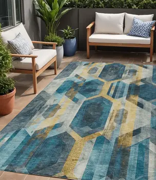 5' X 8' Teal Blue Gold And Silver Geometric Washable Indoor Outdoor Area Rug