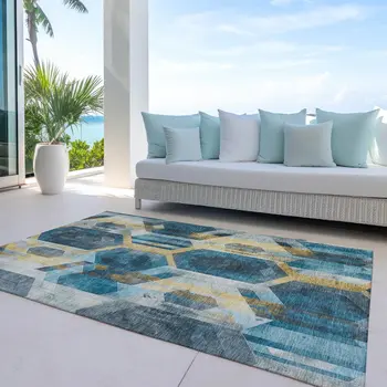 5' X 8' Teal Blue Gold And Silver Geometric Washable Indoor Outdoor Area Rug