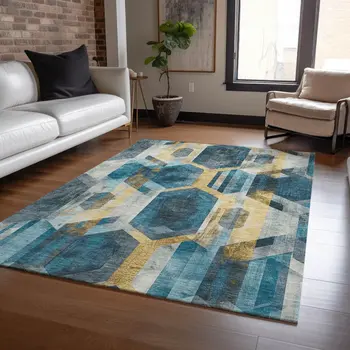 5' X 8' Teal Blue Gold And Silver Geometric Washable Indoor Outdoor Area Rug