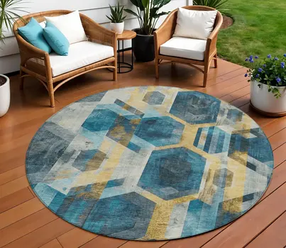 8' Teal Blue Gold And Silver Round Geometric Washable Indoor Outdoor Area Rug