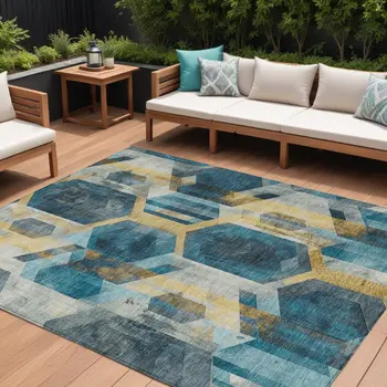 8' X 10' Teal Blue Gold And Silver Geometric Washable Indoor Outdoor Area Rug