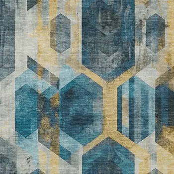 8' X 10' Teal Blue Gold And Silver Geometric Washable Indoor Outdoor Area Rug