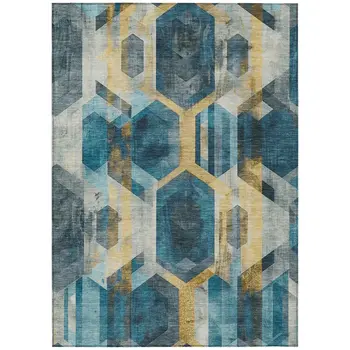 9' X 12' Teal Blue Gold And Silver Geometric Washable Indoor Outdoor Area Rug