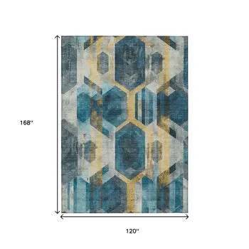 10' X 14' Teal Blue Gold And Silver Geometric Washable Indoor Outdoor Area Rug