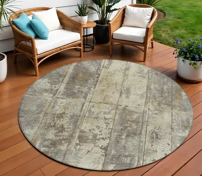 8' Beige Gold And Khaki Round Abstract Washable Indoor Outdoor Area Rug