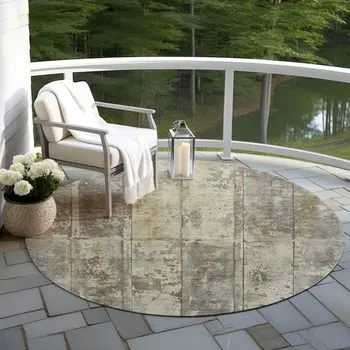 8' Beige Gold And Khaki Round Abstract Washable Indoor Outdoor Area Rug