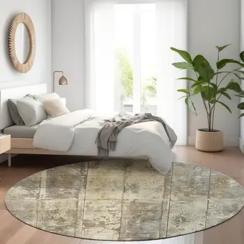 8' Beige Gold And Khaki Round Abstract Washable Indoor Outdoor Area Rug