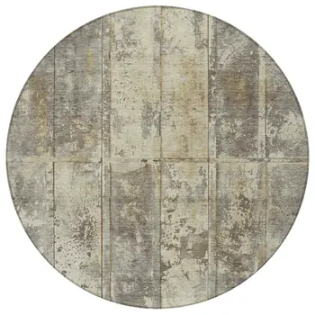 8' Beige Gold And Khaki Round Abstract Washable Indoor Outdoor Area Rug