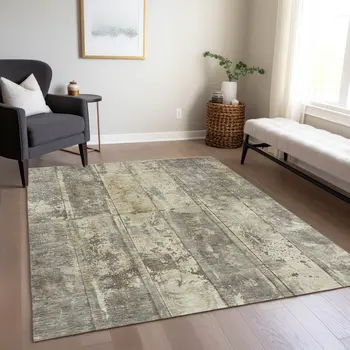 8' X 10' Beige Gold And Khaki Abstract Washable Indoor Outdoor Area Rug