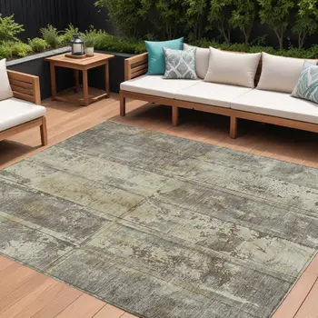10' X 14' Beige Gold And Khaki Abstract Washable Indoor Outdoor Area Rug