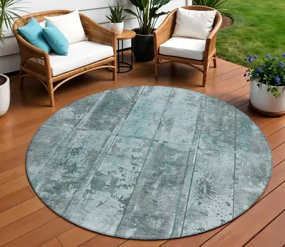 8' Teal Blue Charcoal And Gray Round Abstract Washable Indoor Outdoor Area Rug