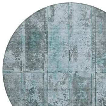 8' Teal Blue Charcoal And Gray Round Abstract Washable Indoor Outdoor Area Rug