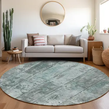 8' Teal Blue Charcoal And Gray Round Abstract Washable Indoor Outdoor Area Rug
