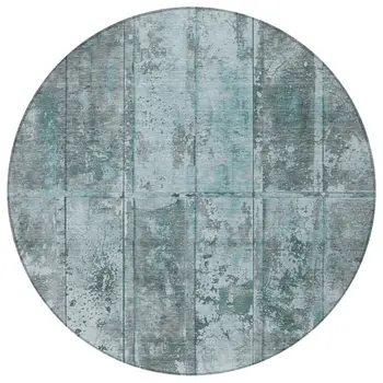 8' Teal Blue Charcoal And Gray Round Abstract Washable Indoor Outdoor Area Rug