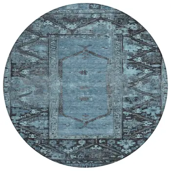 8' Blue And Gray Round Oriental Washable Indoor Outdoor Area Rug