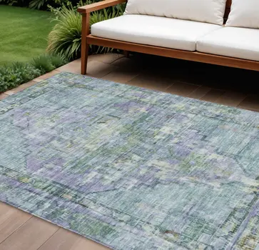 8' X 10' Teal Blue Lavender And Ivory Oriental Washable Indoor Outdoor Area Rug