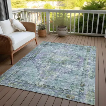 8' X 10' Teal Blue Lavender And Ivory Oriental Washable Indoor Outdoor Area Rug