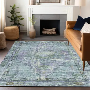 8' X 10' Teal Blue Lavender And Ivory Oriental Washable Indoor Outdoor Area Rug