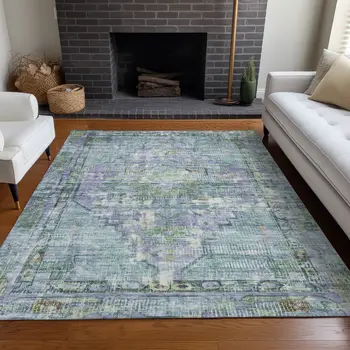 8' X 10' Teal Blue Lavender And Ivory Oriental Washable Indoor Outdoor Area Rug