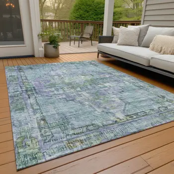 8' X 10' Teal Blue Lavender And Ivory Oriental Washable Indoor Outdoor Area Rug