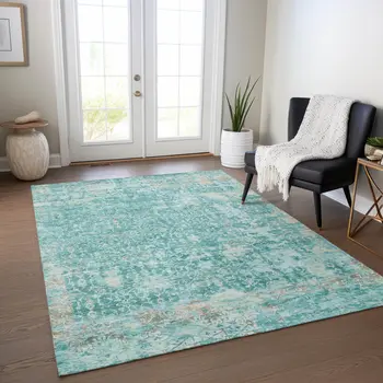 8' X 10' Teal Blue And Aqua Abstract Washable Indoor Outdoor Area Rug