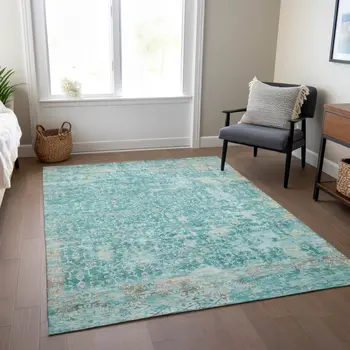 8' X 10' Teal Blue And Aqua Abstract Washable Indoor Outdoor Area Rug