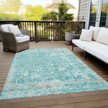 8' X 10' Teal Blue And Aqua Abstract Washable Indoor Outdoor Area Rug