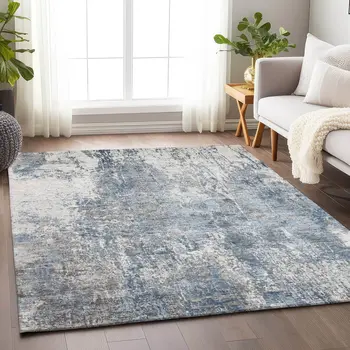 10' X 14' Blue And Ivory Abstract Washable Indoor Outdoor Area Rug