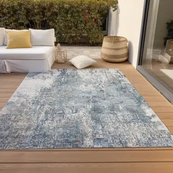10' X 14' Blue And Ivory Abstract Washable Indoor Outdoor Area Rug