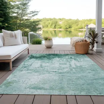 8' X 10' Aqua And Ivory Abstract Washable Indoor Outdoor Area Rug