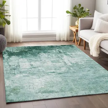 8' X 10' Aqua And Ivory Abstract Washable Indoor Outdoor Area Rug