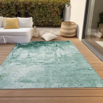 8' X 10' Aqua And Ivory Abstract Washable Indoor Outdoor Area Rug