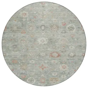 8' Sage Copper And Ivory Round Damask Washable Indoor Outdoor Area Rug
