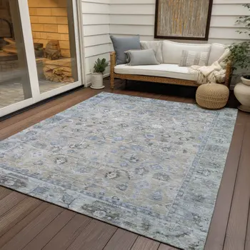 9' X 12' Beige Blue And Ivory Oriental Washable Indoor Outdoor Area Rug
