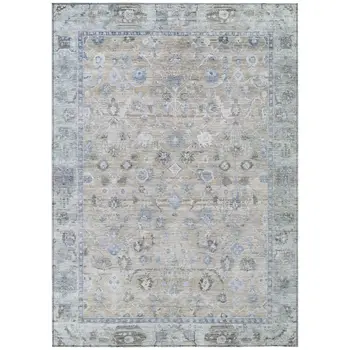 9' X 12' Beige Blue And Ivory Oriental Washable Indoor Outdoor Area Rug