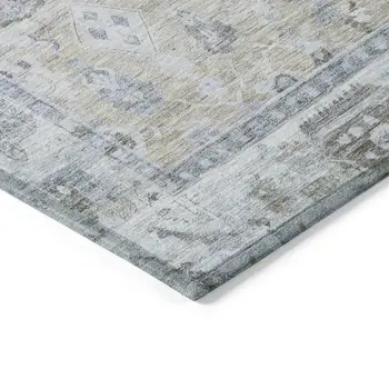 9' X 12' Beige Blue And Ivory Oriental Washable Indoor Outdoor Area Rug