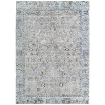 9' X 12' Beige Blue And Ivory Oriental Washable Indoor Outdoor Area Rug