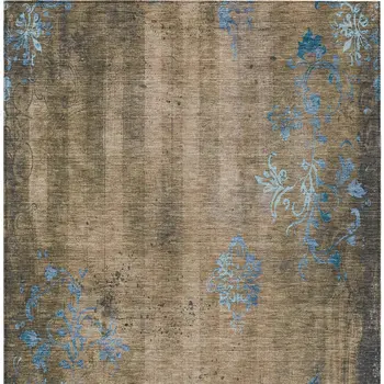 9' X 12' Taupe And Blue Floral Washable Indoor Outdoor Area Rug