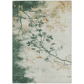 8' X 10' Emerald Ivory And Gold Floral Washable Indoor Outdoor Area Rug