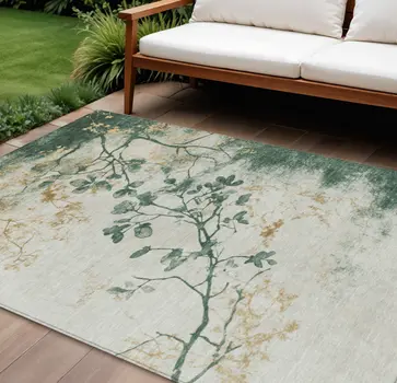 8' X 10' Emerald Ivory And Gold Floral Washable Indoor Outdoor Area Rug
