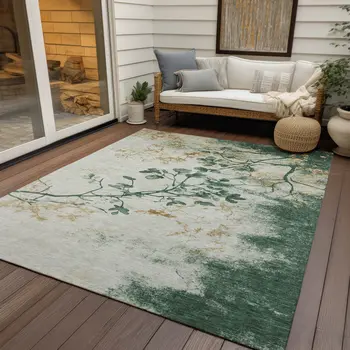 8' X 10' Emerald Ivory And Gold Floral Washable Indoor Outdoor Area Rug