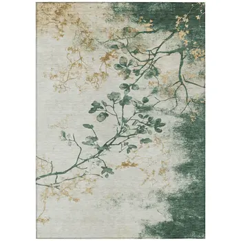 8' X 10' Emerald Ivory And Gold Floral Washable Indoor Outdoor Area Rug