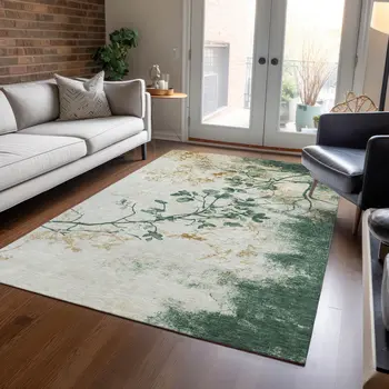 8' X 10' Emerald Ivory And Gold Floral Washable Indoor Outdoor Area Rug