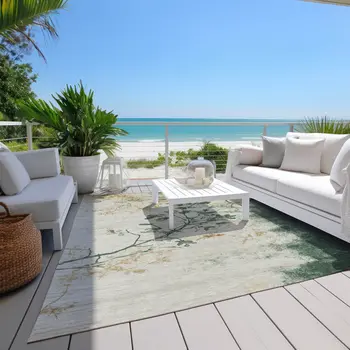 8' X 10' Emerald Ivory And Gold Floral Washable Indoor Outdoor Area Rug