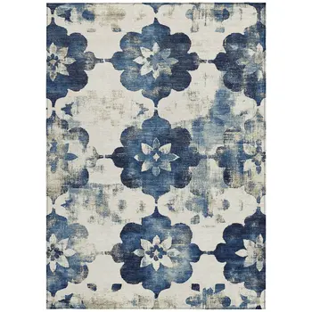 9' X 12' Navy Blue And Ivory Floral Washable Indoor Outdoor Area Rug
