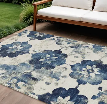 9' X 12' Navy Blue And Ivory Floral Washable Indoor Outdoor Area Rug