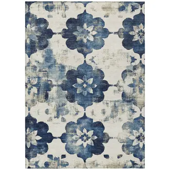 9' X 12' Navy Blue And Ivory Floral Washable Indoor Outdoor Area Rug